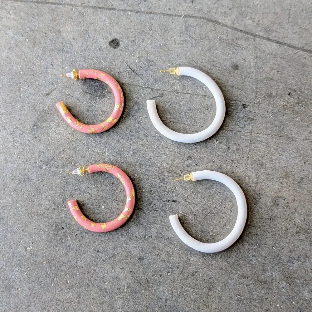 Handmade Pink and White Polymer Clay Hoop Earrings Set of Two NWOT